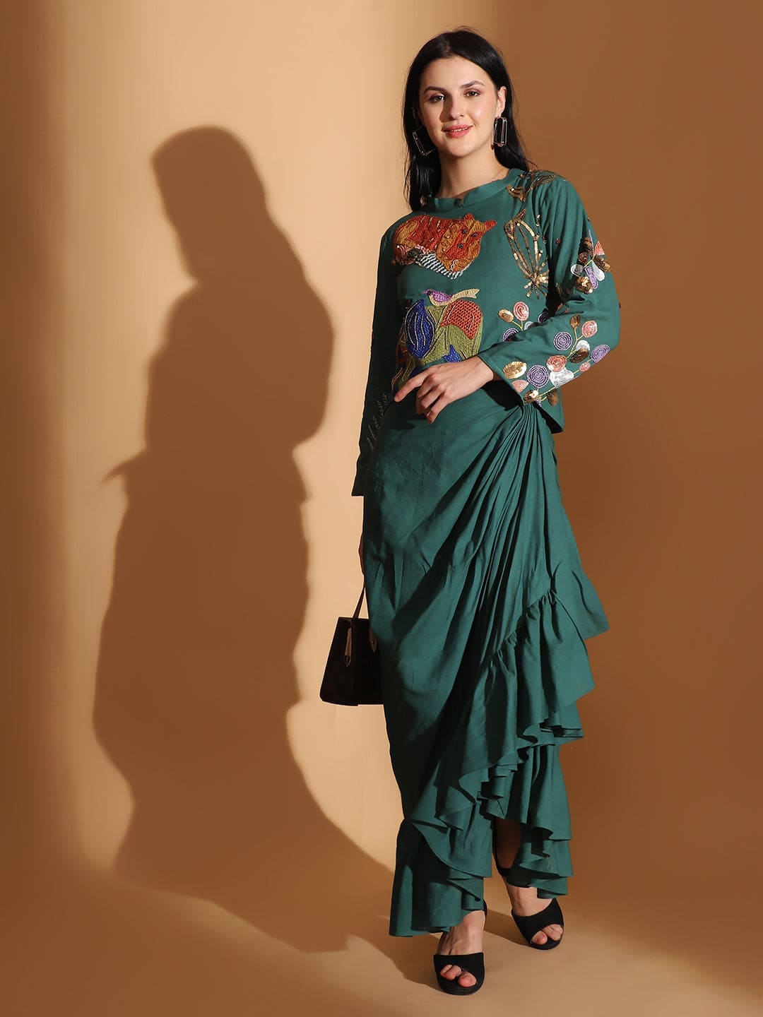 Gond Artwork Dress With Ruffle Skirt - Emerald Green - Charkha TalesGond Artwork Dress With Ruffle Skirt - Emerald Green