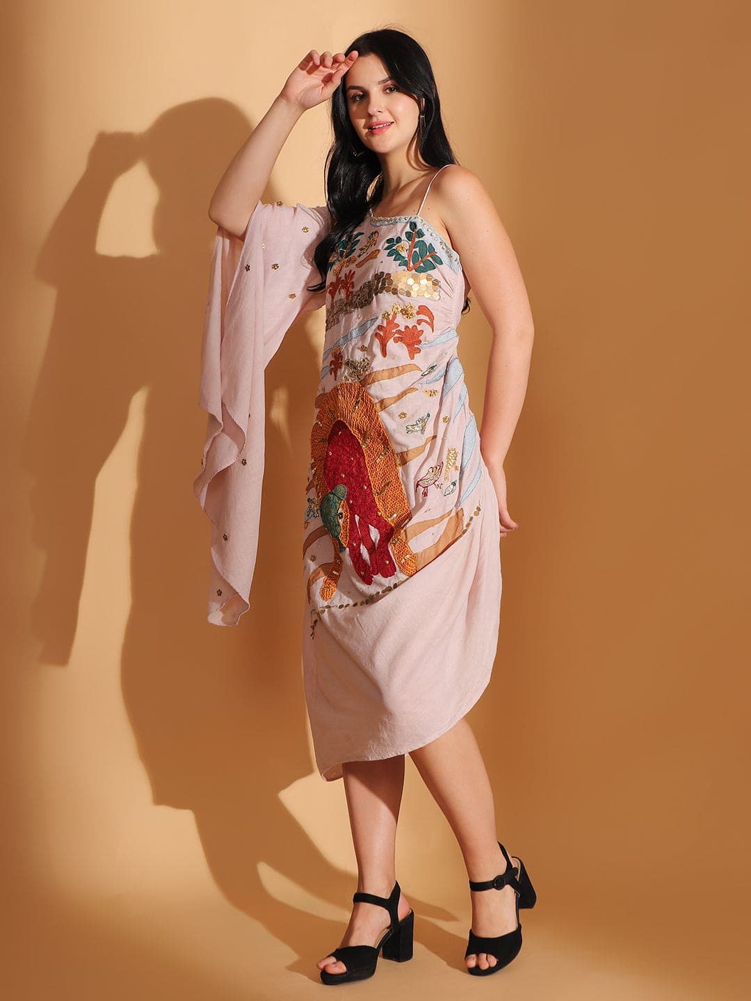 Gond Artwork Off - Shoulder Dress - Baby Pink - Charkha TalesGond Artwork Off - Shoulder Dress - Baby Pink