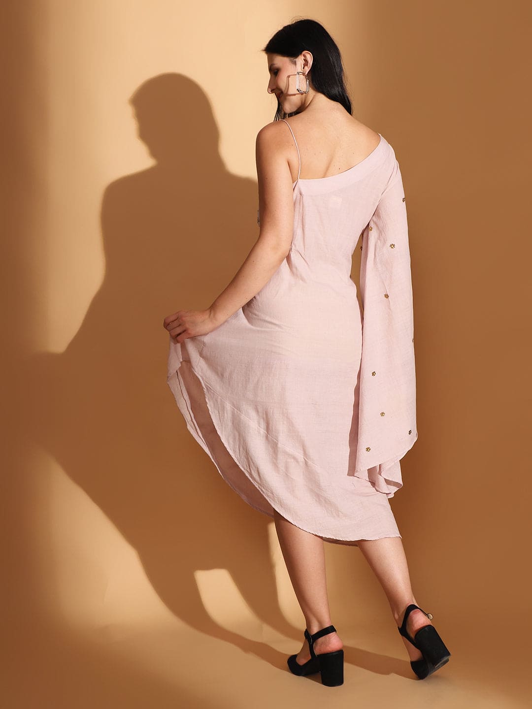 Gond Artwork Off - Shoulder Dress - Baby Pink - Charkha TalesGond Artwork Off - Shoulder Dress - Baby Pink