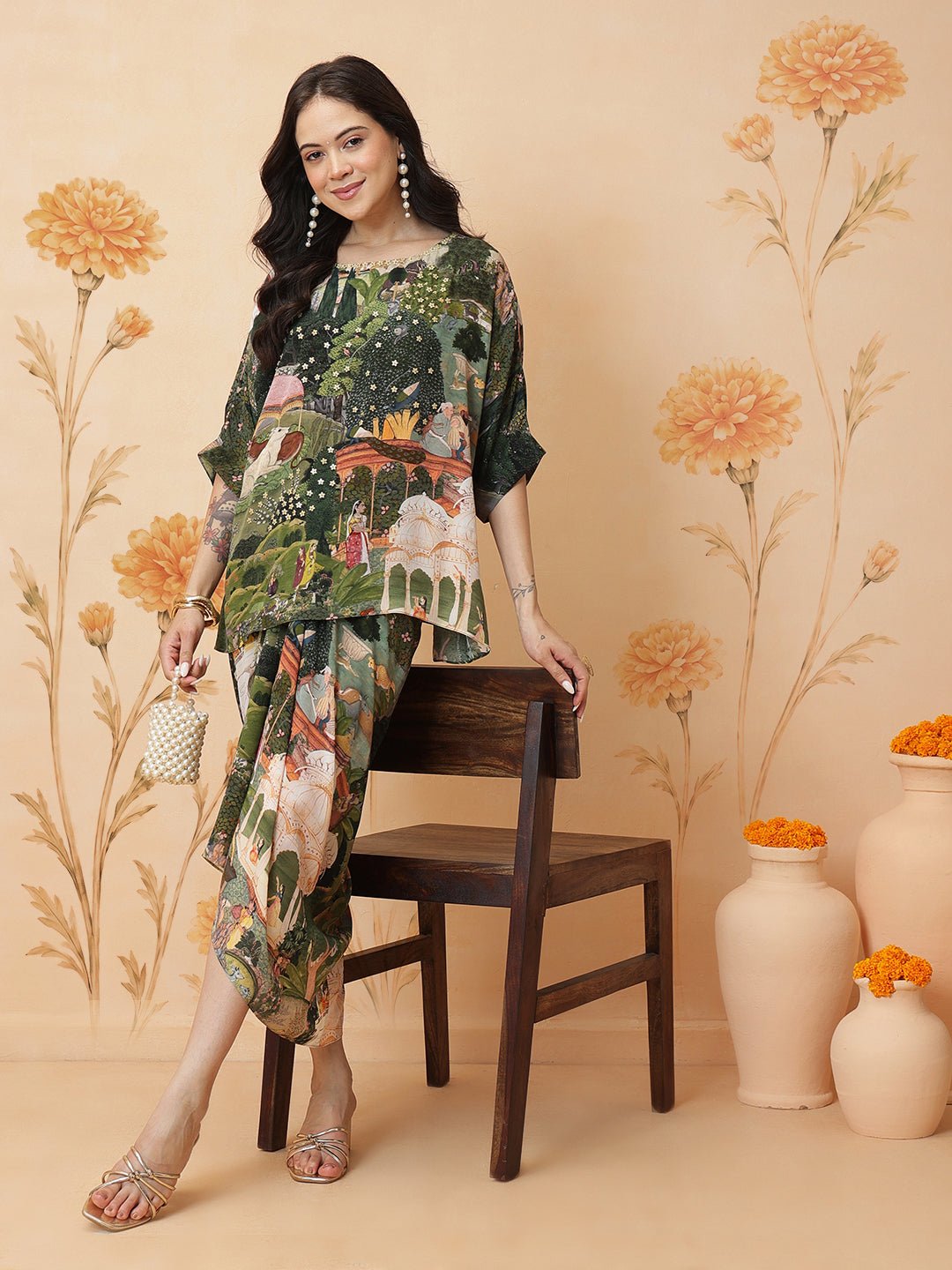 Gond Inspired Print Top With Tulic Pant - Green - Charkha TalesGond Inspired Print Top With Tulic Pant - Green