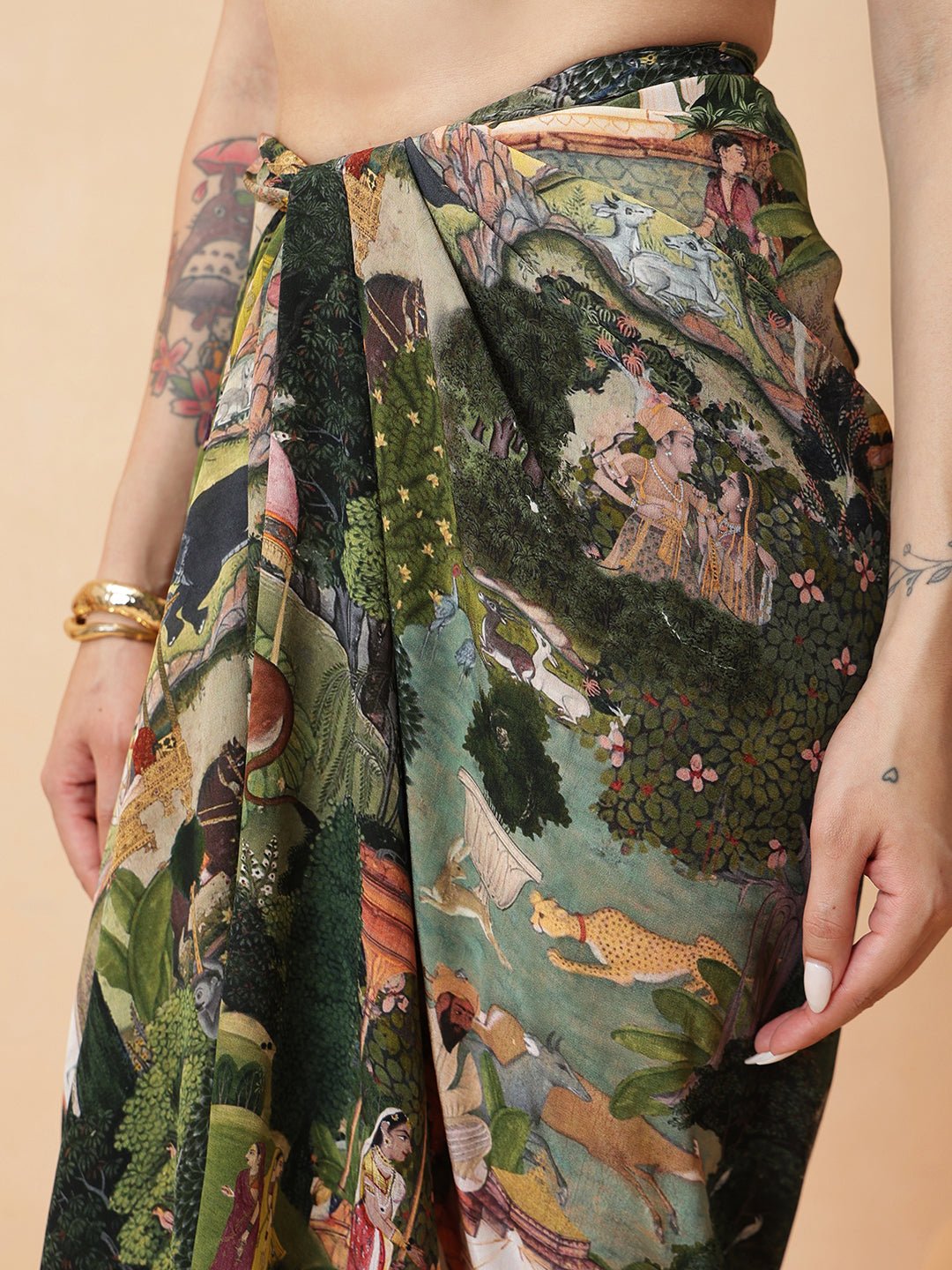 Gond Inspired Print Top With Tulic Pant - Green - Charkha TalesGond Inspired Print Top With Tulic Pant - Green