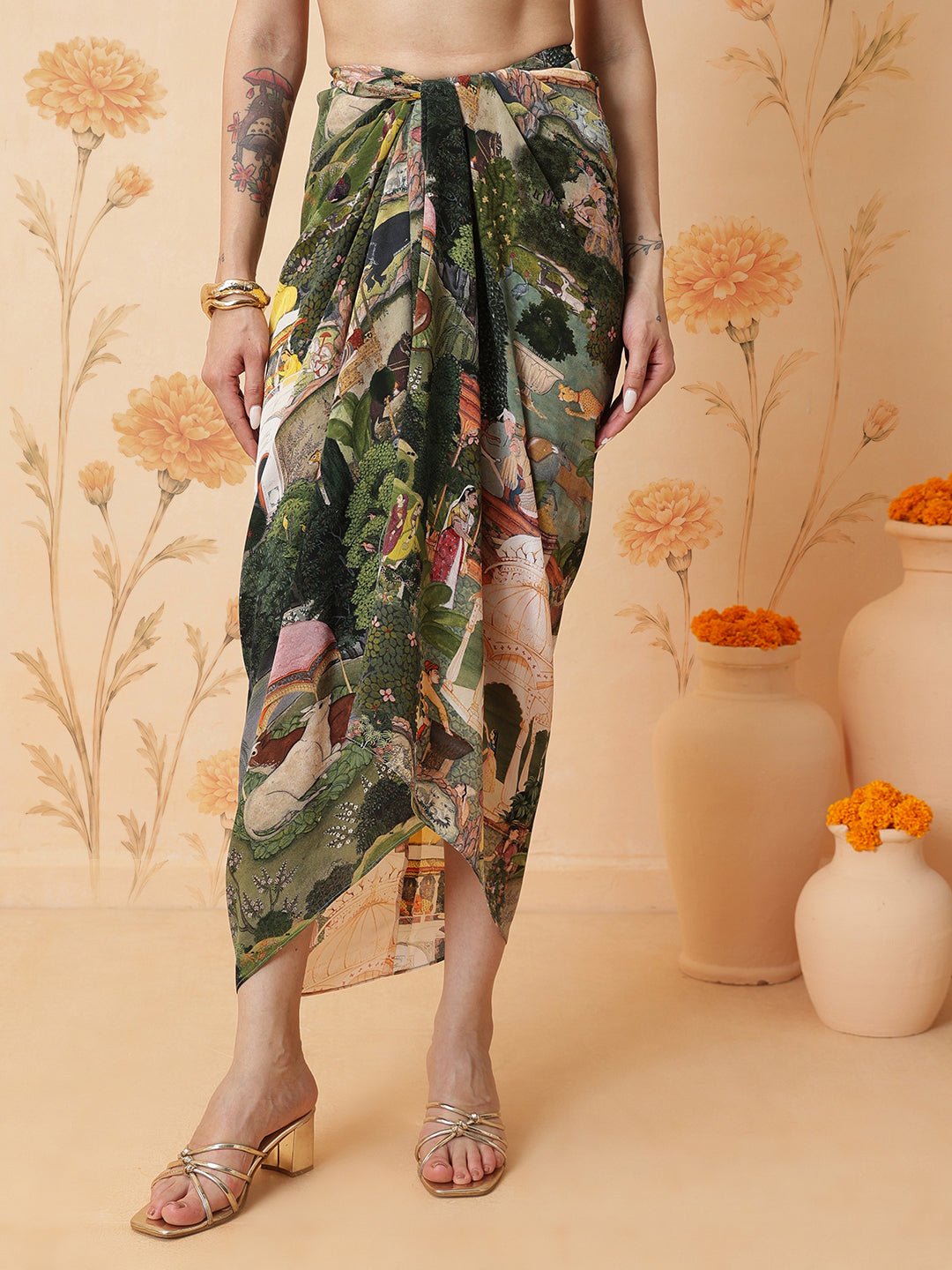 Gond Inspired Print Top With Tulic Pant - Green - Charkha TalesGond Inspired Print Top With Tulic Pant - Green