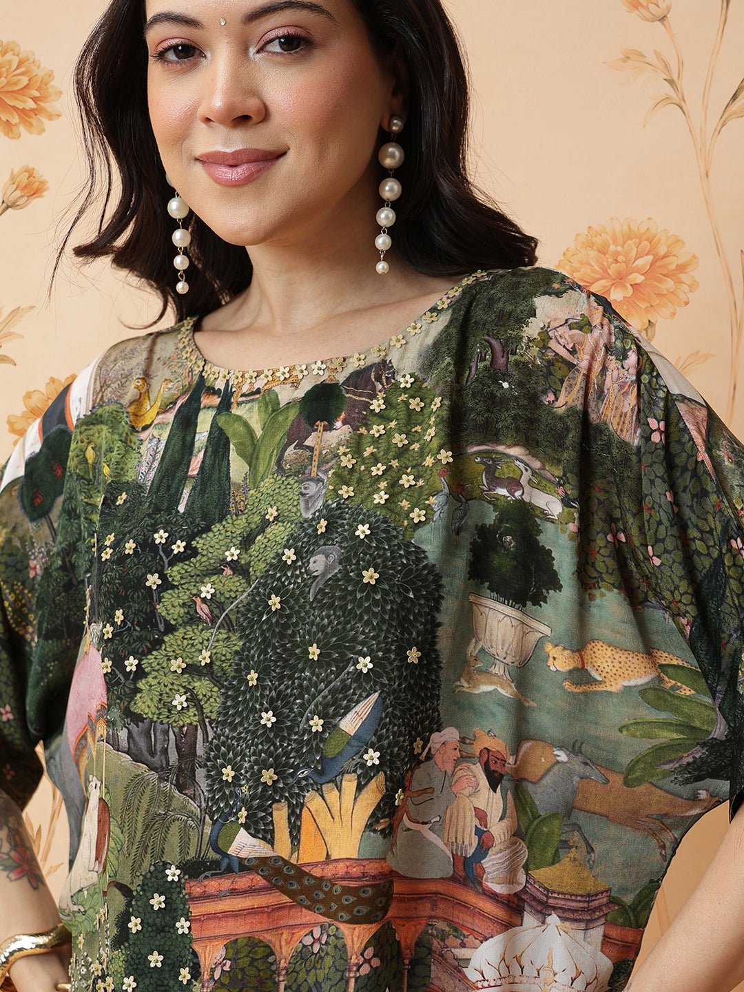 Gond Inspired Print Top With Tulic Pant - Green - Charkha TalesGond Inspired Print Top With Tulic Pant - Green