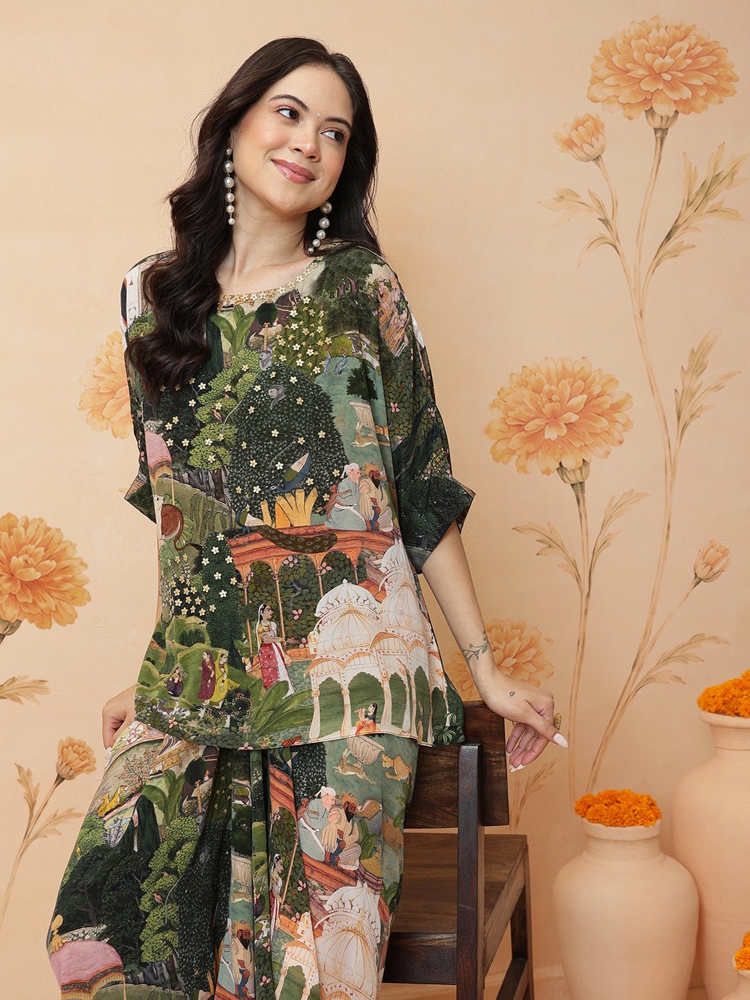 Gond Inspired Print Top With Tulic Pant - Green - Charkha TalesGond Inspired Print Top With Tulic Pant - Green