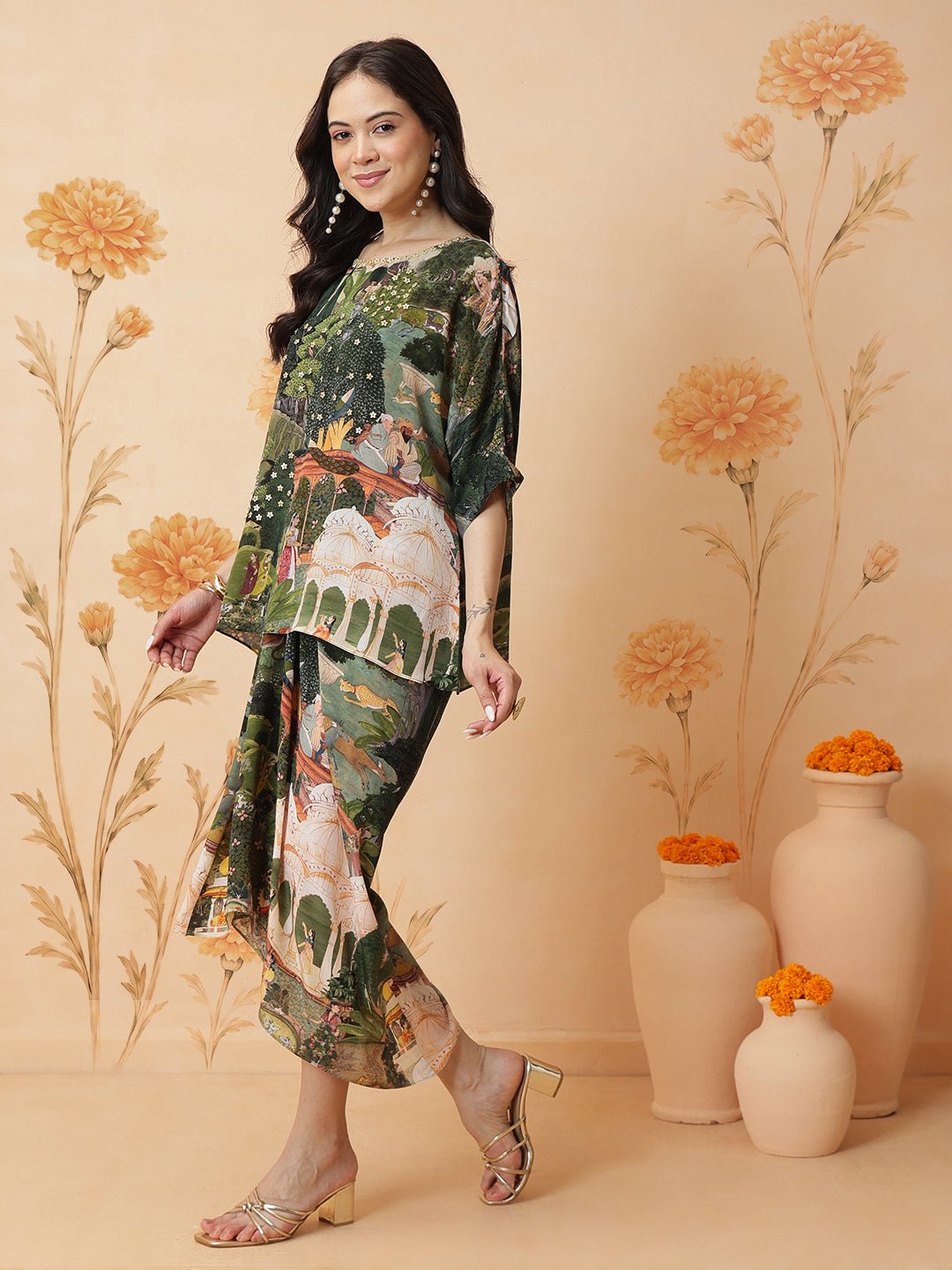 Gond Inspired Print Top With Tulic Pant - Green - Charkha TalesGond Inspired Print Top With Tulic Pant - Green