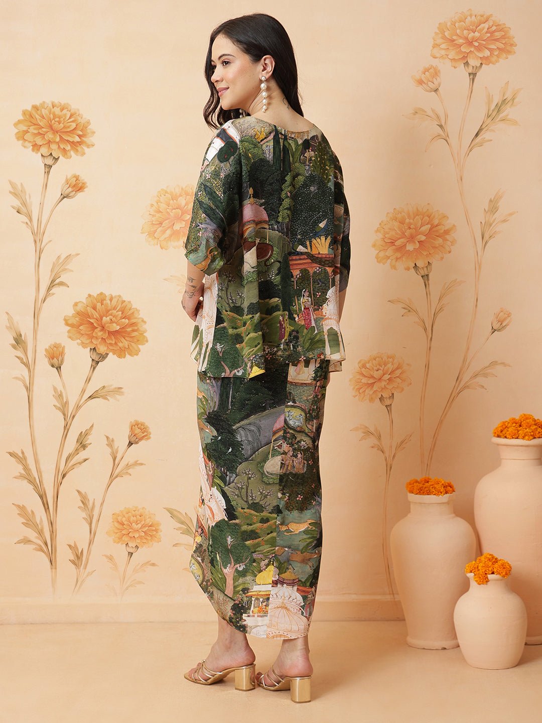 Gond Inspired Print Top With Tulic Pant - Green - Charkha TalesGond Inspired Print Top With Tulic Pant - Green