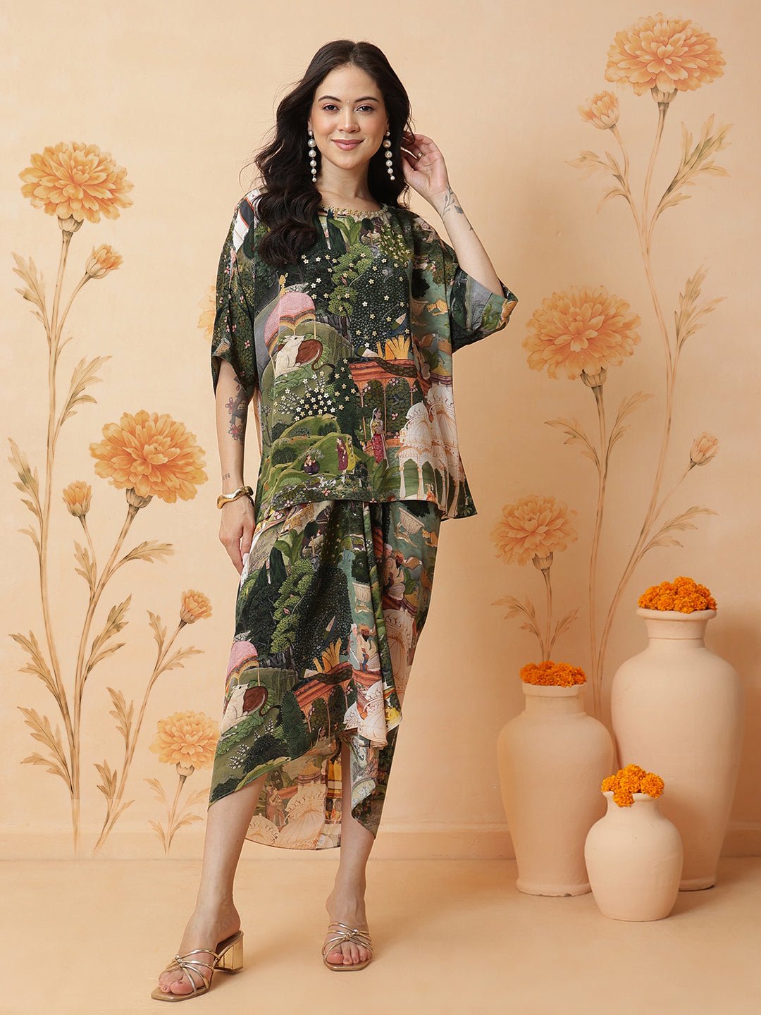 Gond Inspired Print Top With Tulic Pant - Green - Charkha TalesGond Inspired Print Top With Tulic Pant - Green