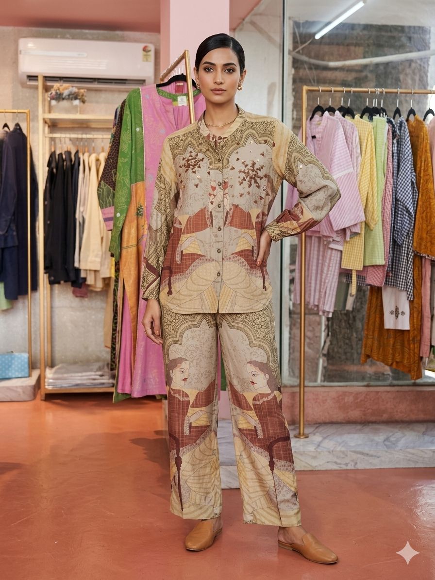 Gond Print Women Co - ord Set - Beige - Charkha TalesGond Print Women Co - ord Set - Beige