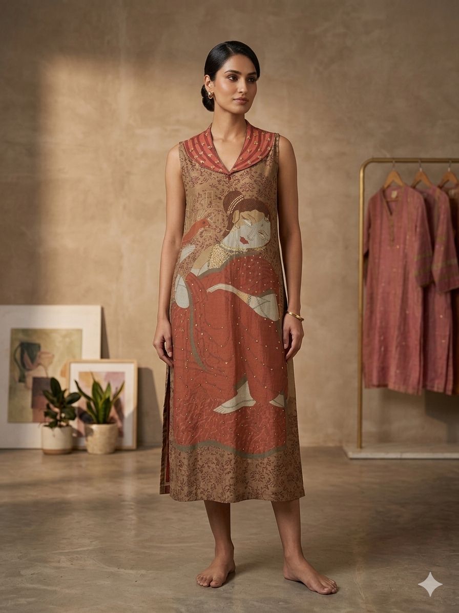 Gond Print Women Dress - Brown - Charkha TalesGond Print Women Dress - Brown