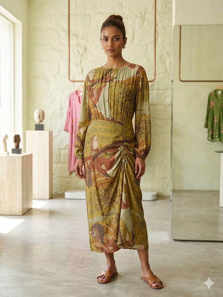 Gond Print Women Dress - Green - Charkha TalesGond Print Women Dress - Green
