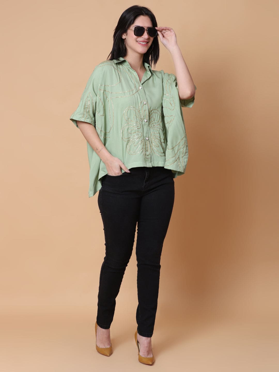 Gota Work Kaftaan Top - Aqua Green - Charkha TalesGota Work Kaftaan Top - Aqua Green