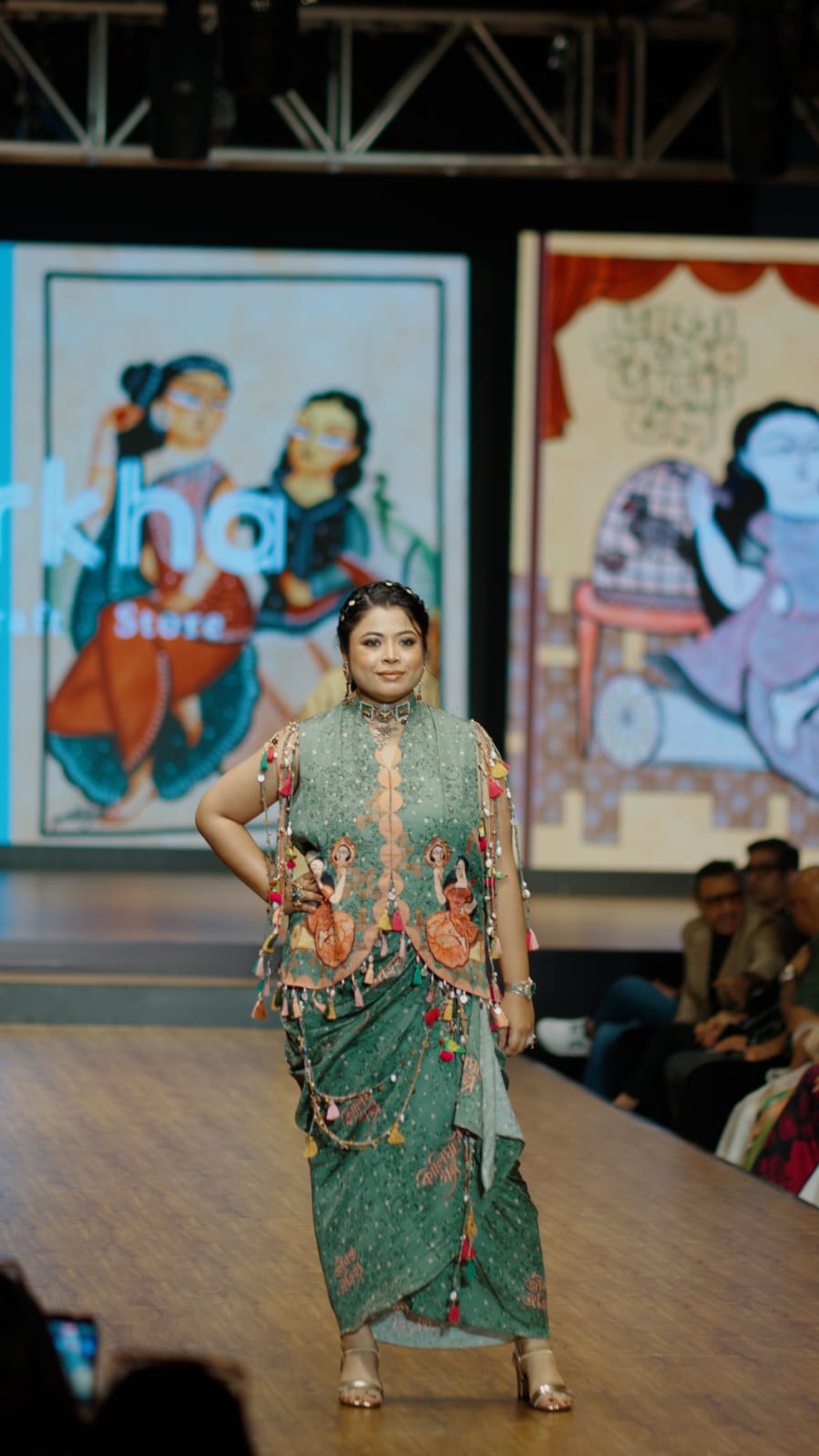 Green Crepe Kalighat Indian Print Top With Skirt - Charkha TalesGreen Crepe Kalighat Indian Print Top With Skirt