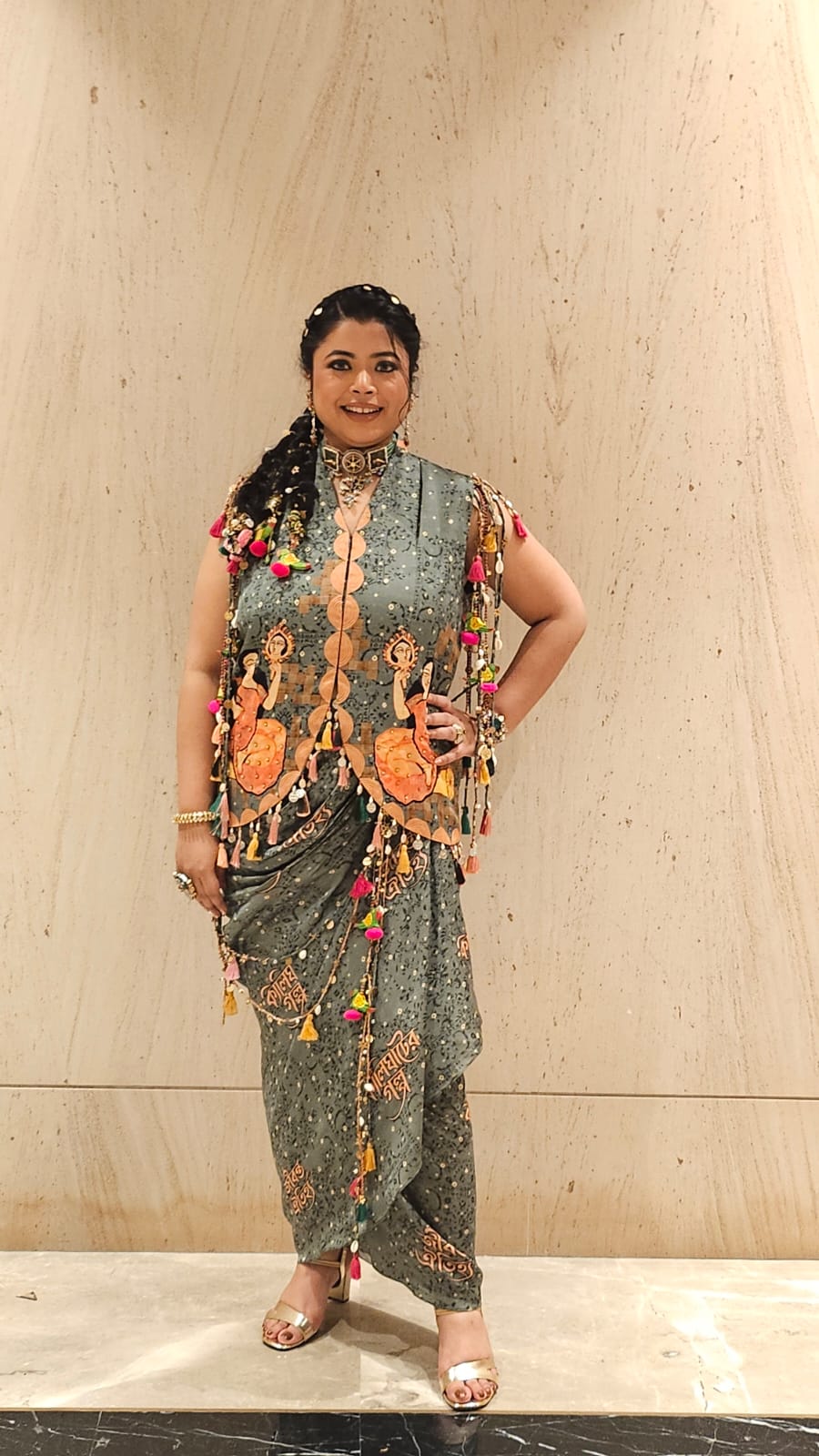 Green Crepe Kalighat Indian Print Top With Skirt - Charkha TalesGreen Crepe Kalighat Indian Print Top With Skirt