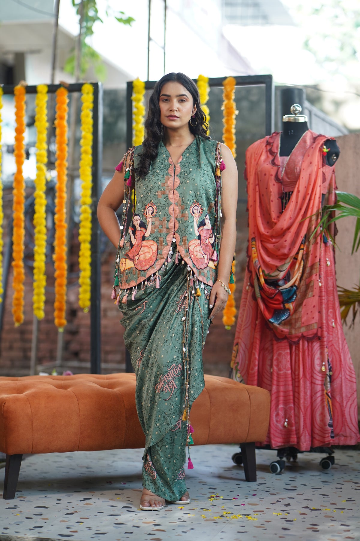 Green Crepe Kalighat Indian Print Top With Skirt - Charkha TalesGreen Crepe Kalighat Indian Print Top With Skirt
