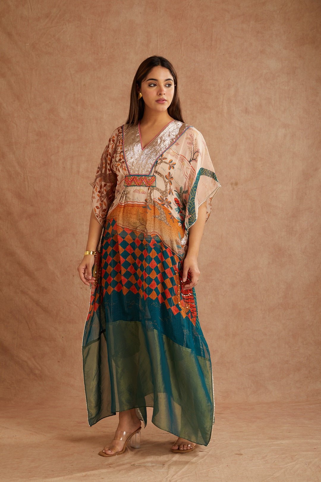 Green Embroidered Women Kaftan - Charkha TalesGreen Embroidered Women Kaftan