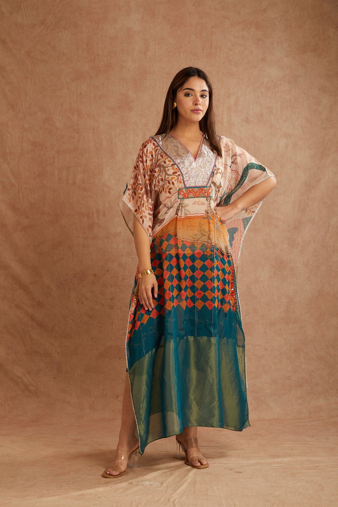 Green Embroidered Women Kaftan - Charkha TalesGreen Embroidered Women Kaftan