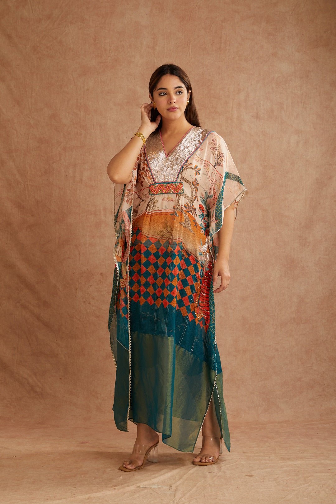 Green Embroidered Women Kaftan - Charkha TalesGreen Embroidered Women Kaftan