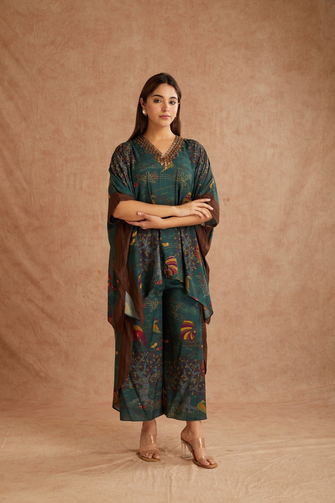 Green Gondh Print Beads Work Co - Ord Set - Charkha TalesGreen Gondh Print Beads Work Co - Ord Set
