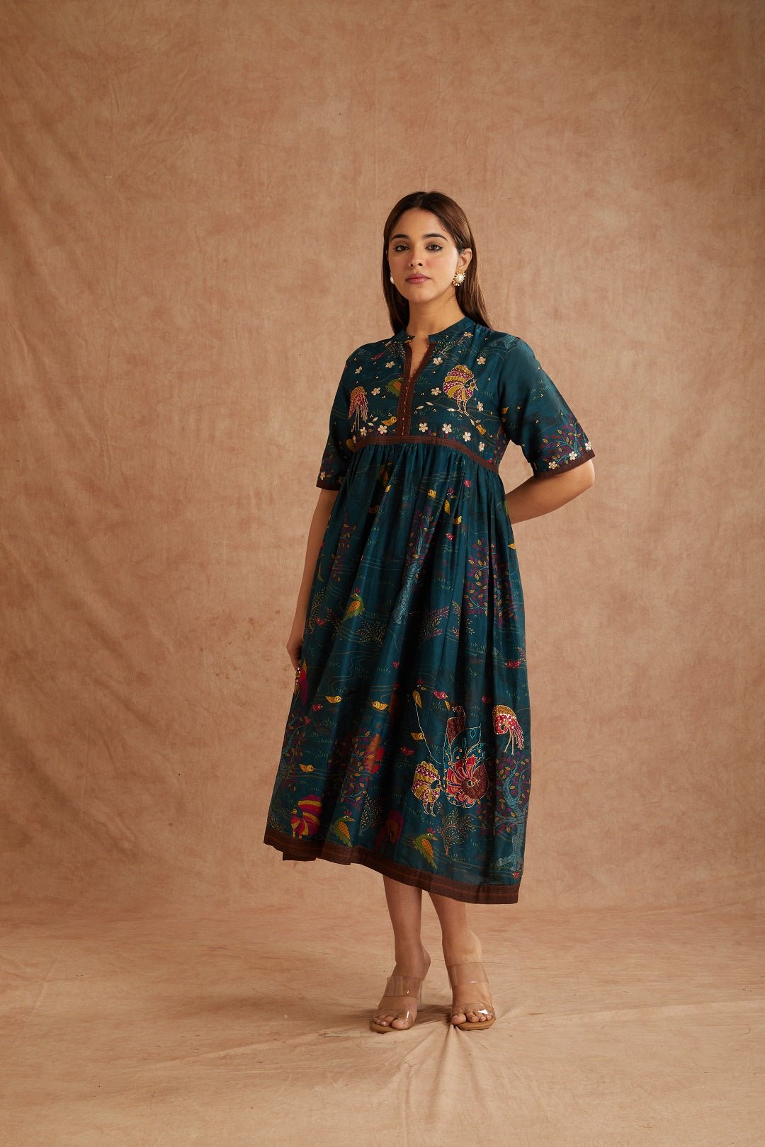 Green Gondh Print Inspired Dress - Charkha TalesGreen Gondh Print Inspired Dress