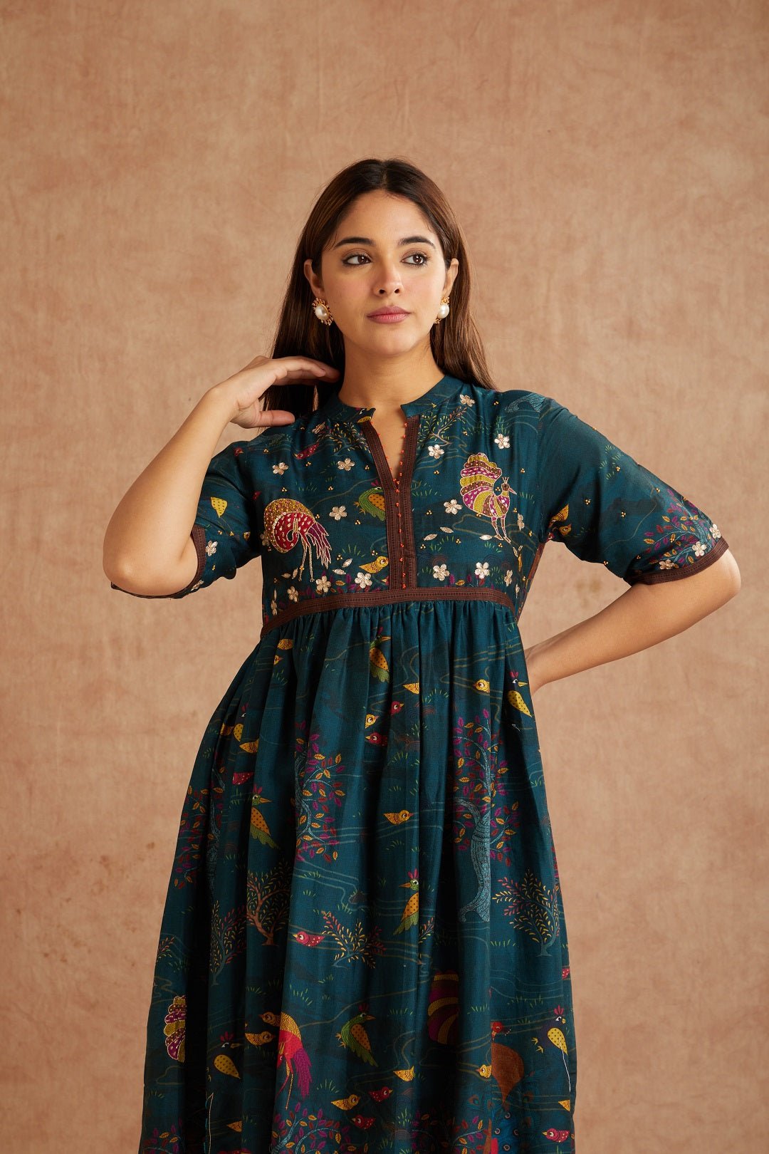 Green Gondh Print Inspired Dress - Charkha TalesGreen Gondh Print Inspired Dress