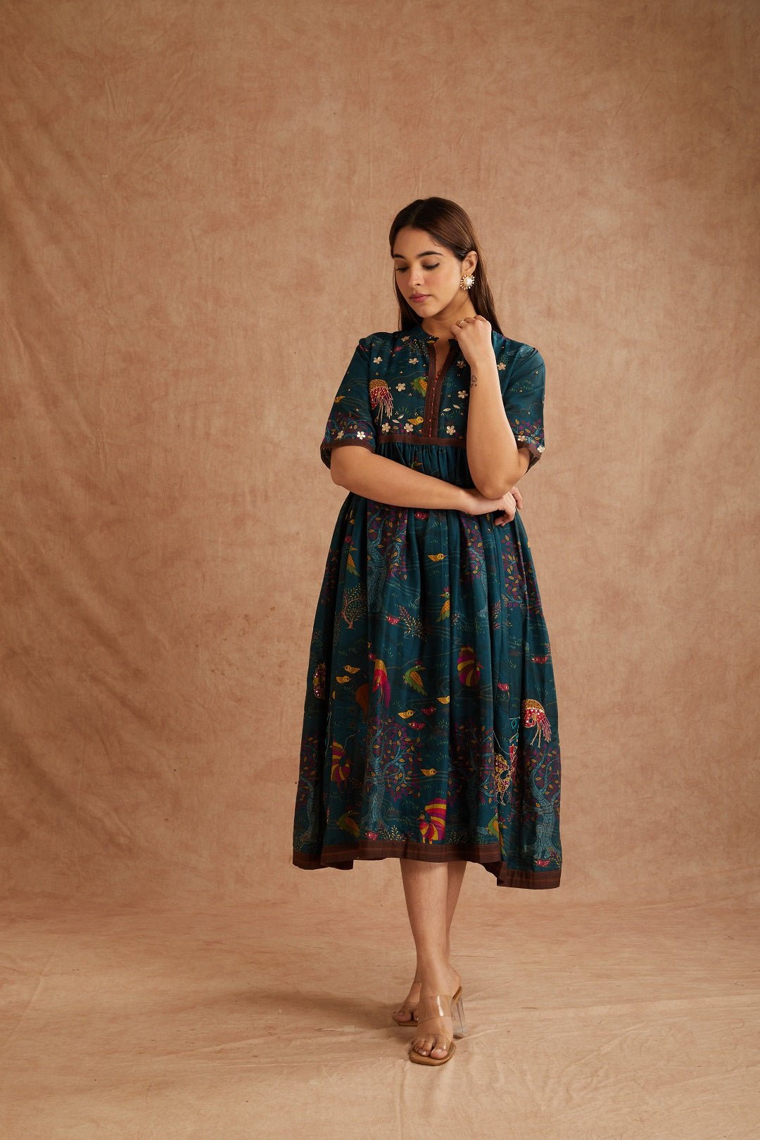 Green Gondh Print Inspired Dress - Charkha TalesGreen Gondh Print Inspired Dress