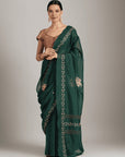 Green Aari Zardozi Embroidered Saree With Blouse