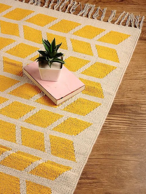 Handcrafted Cotton Rugs - Yellow - Charkha TalesHandcrafted Cotton Rugs - Yellow