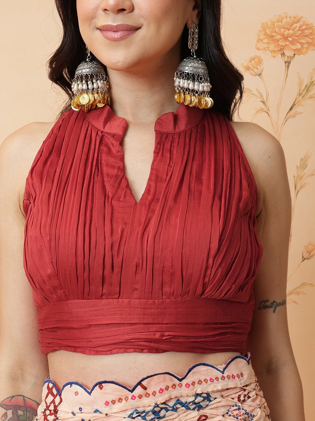 Indian Inspired Print Saree &amp; Blouse - Beige - Charkha TalesIndian Inspired Print Saree &amp; Blouse - Beige