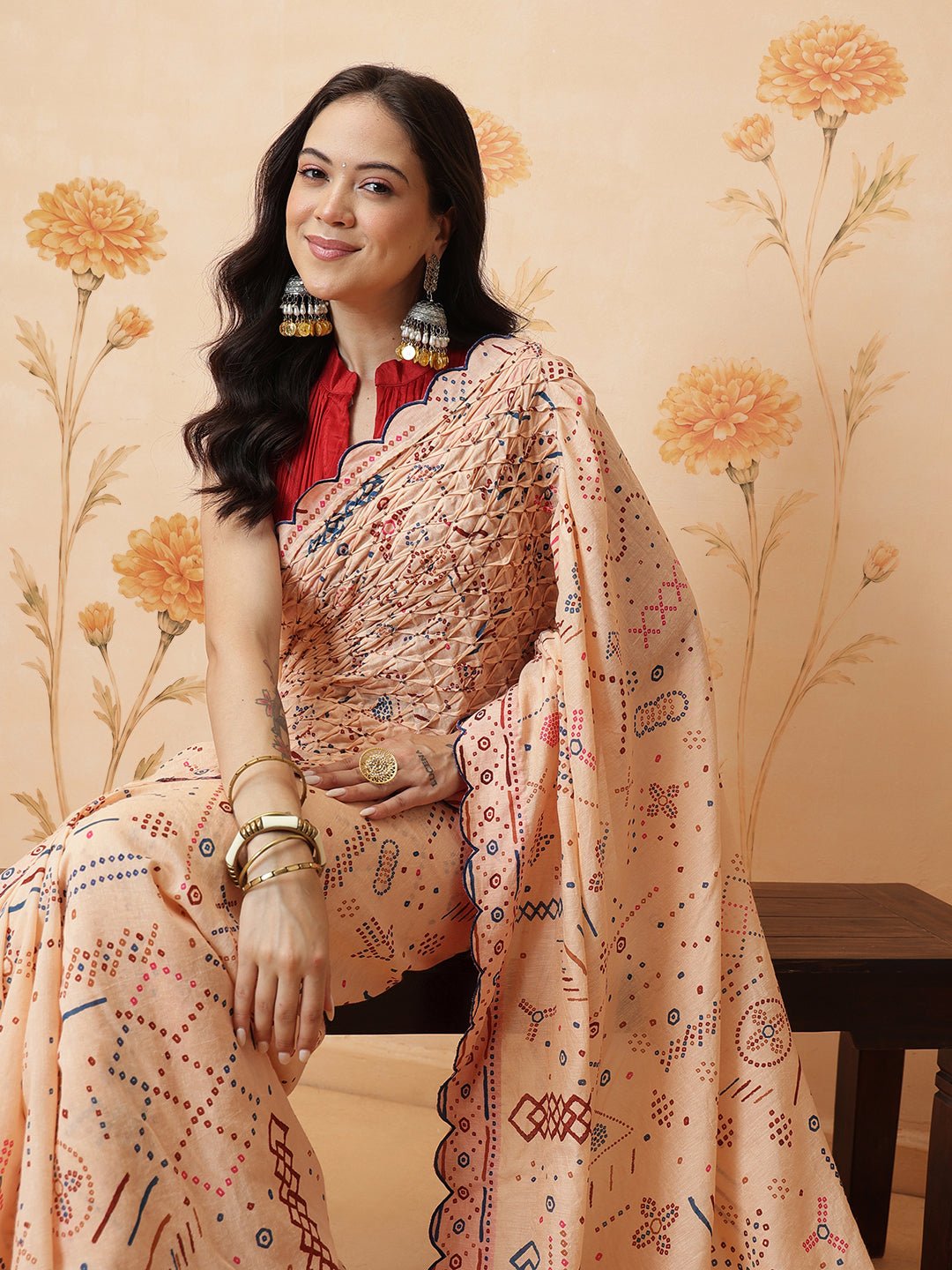 Indian Inspired Print Saree &amp; Blouse - Beige - Charkha TalesIndian Inspired Print Saree &amp; Blouse - Beige