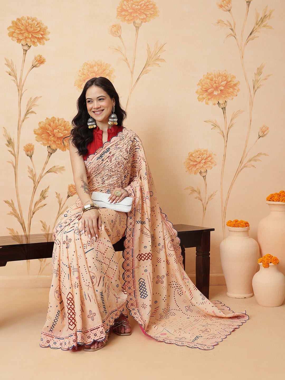 Indian Inspired Print Saree &amp; Blouse - Beige - Charkha TalesIndian Inspired Print Saree &amp; Blouse - Beige
