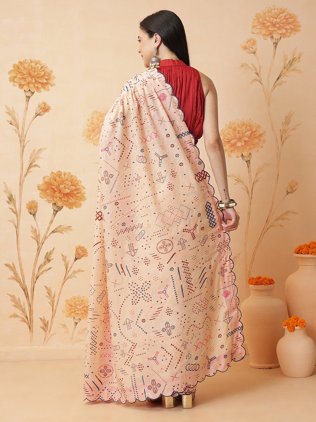 Indian Inspired Print Saree &amp; Blouse - Beige - Charkha TalesIndian Inspired Print Saree &amp; Blouse - Beige