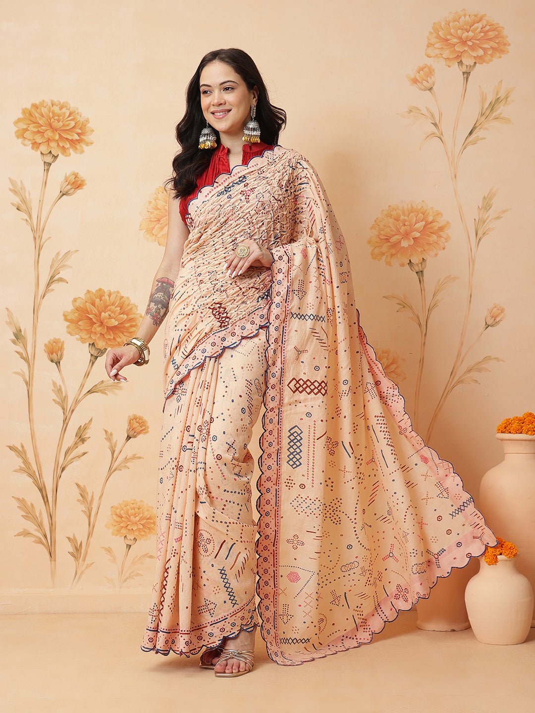 Indian Inspired Print Saree &amp; Blouse - Beige - Charkha TalesIndian Inspired Print Saree &amp; Blouse - Beige
