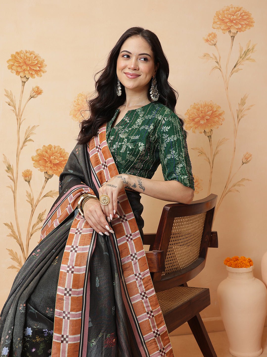 Indian Prints Saree With Green Blouse - Black - Charkha TalesIndian Prints Saree With Green Blouse - Black