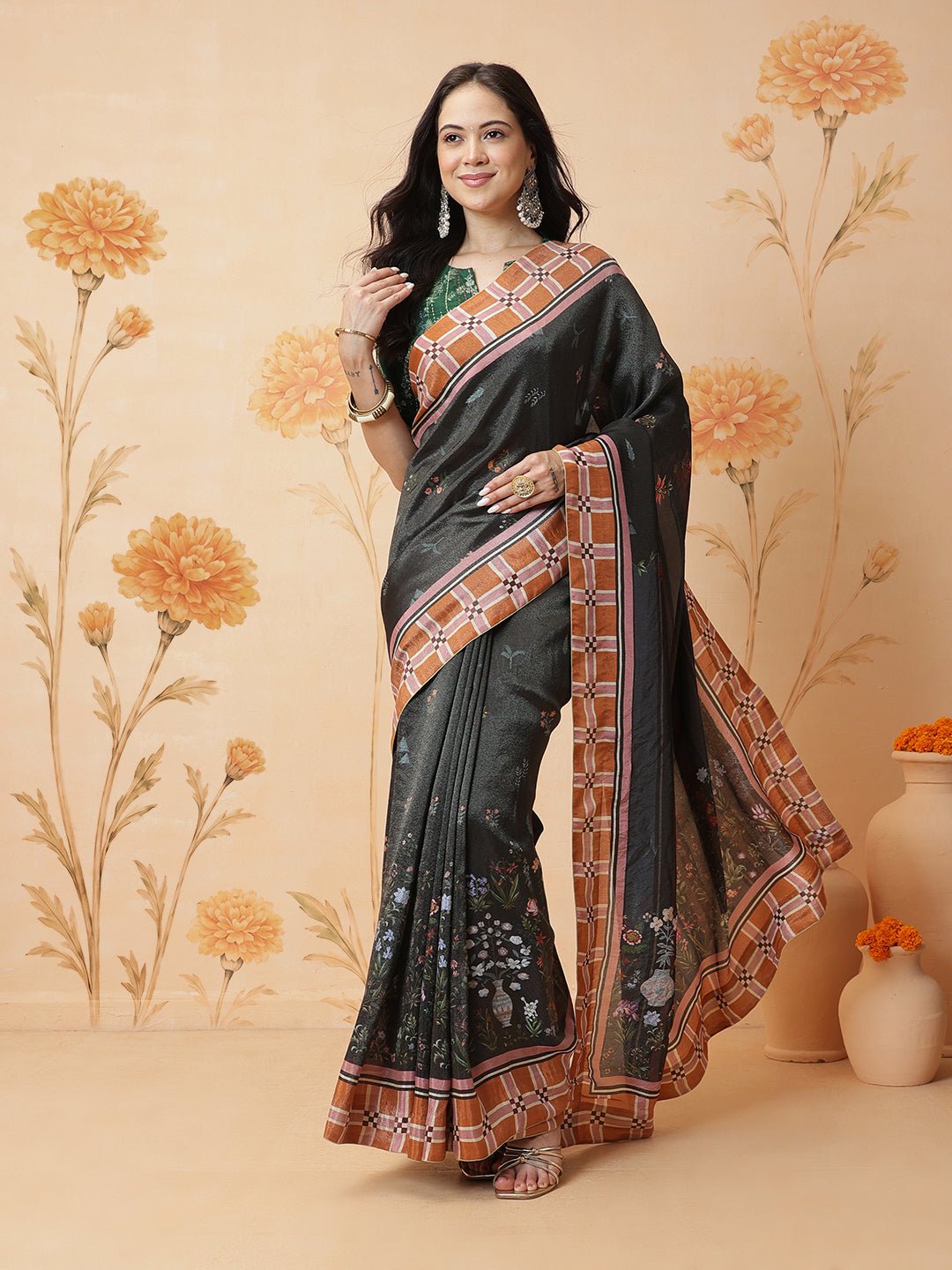 Indian Prints Saree With Green Blouse - Black - Charkha TalesIndian Prints Saree With Green Blouse - Black