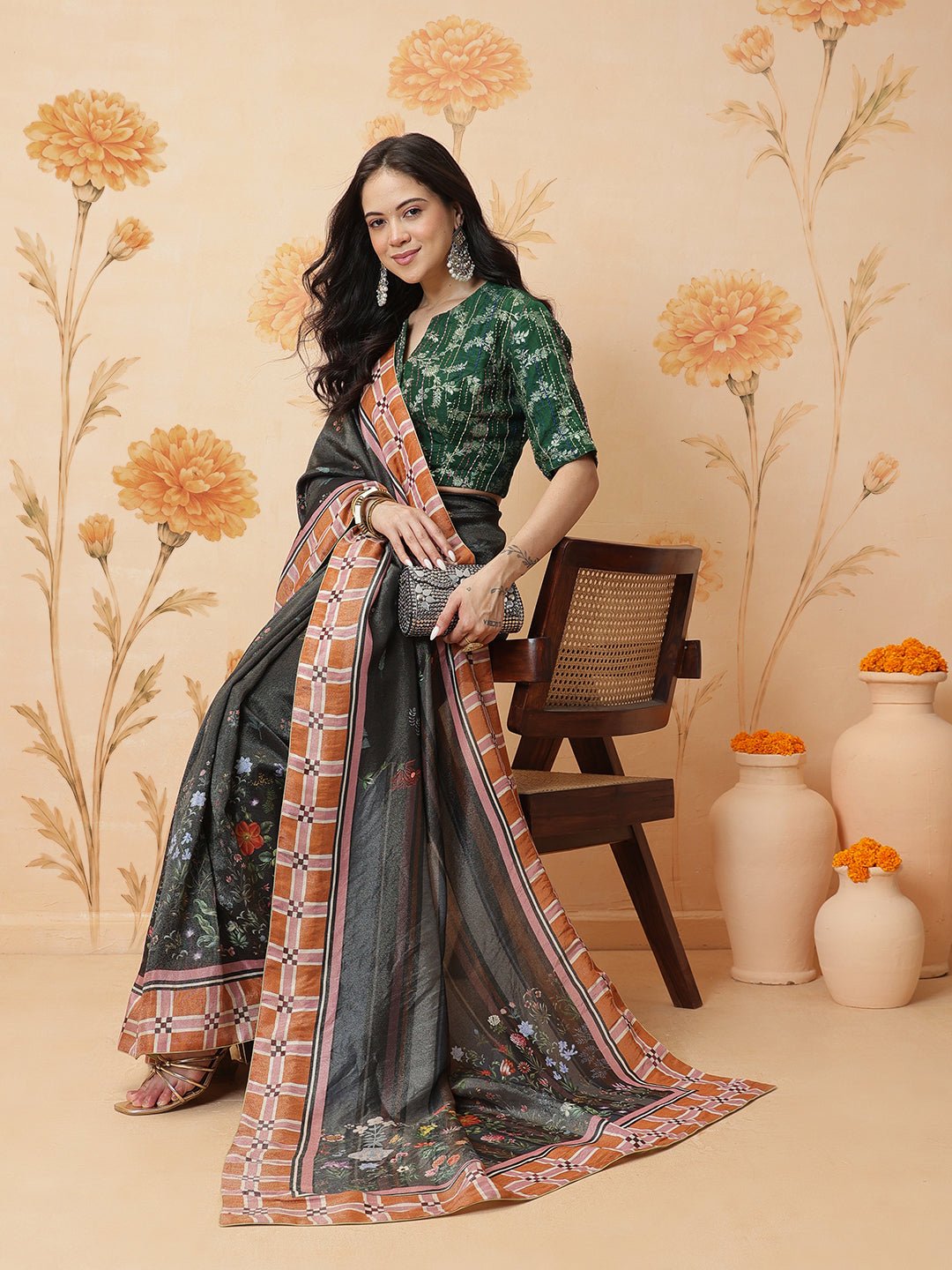 Indian Prints Saree With Green Blouse - Black - Charkha TalesIndian Prints Saree With Green Blouse - Black