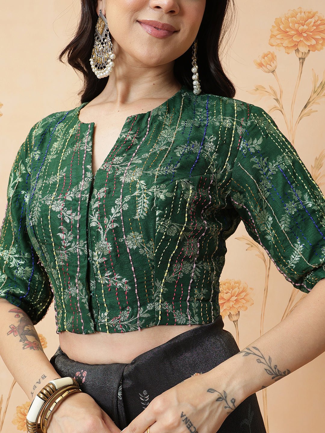 Indian Prints Saree With Green Blouse - Black - Charkha TalesIndian Prints Saree With Green Blouse - Black