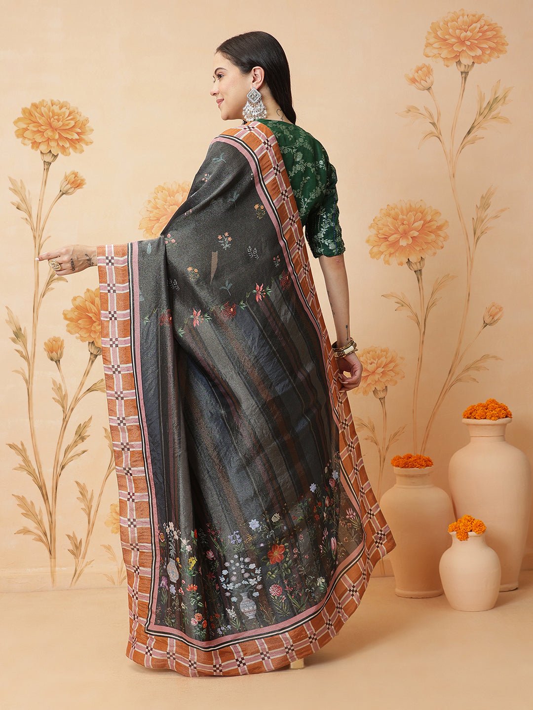 Indian Prints Saree With Green Blouse - Black - Charkha TalesIndian Prints Saree With Green Blouse - Black