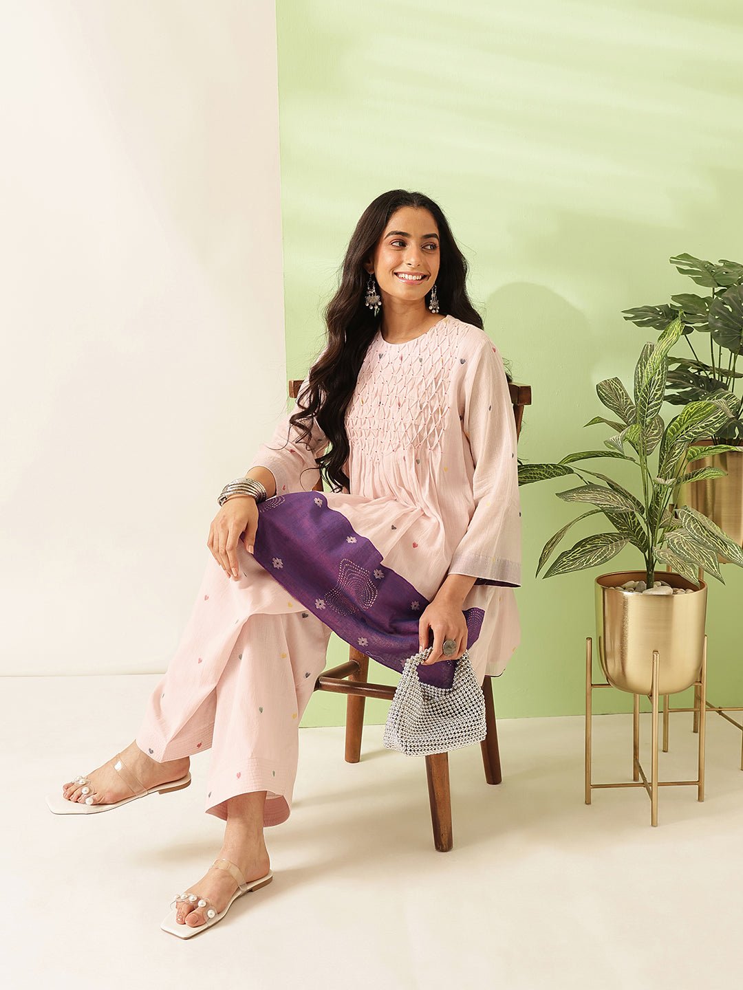 Jamdani Cotton Short Kurta Set - Pink - Charkha TalesJamdani Cotton Short Kurta Set - Pink