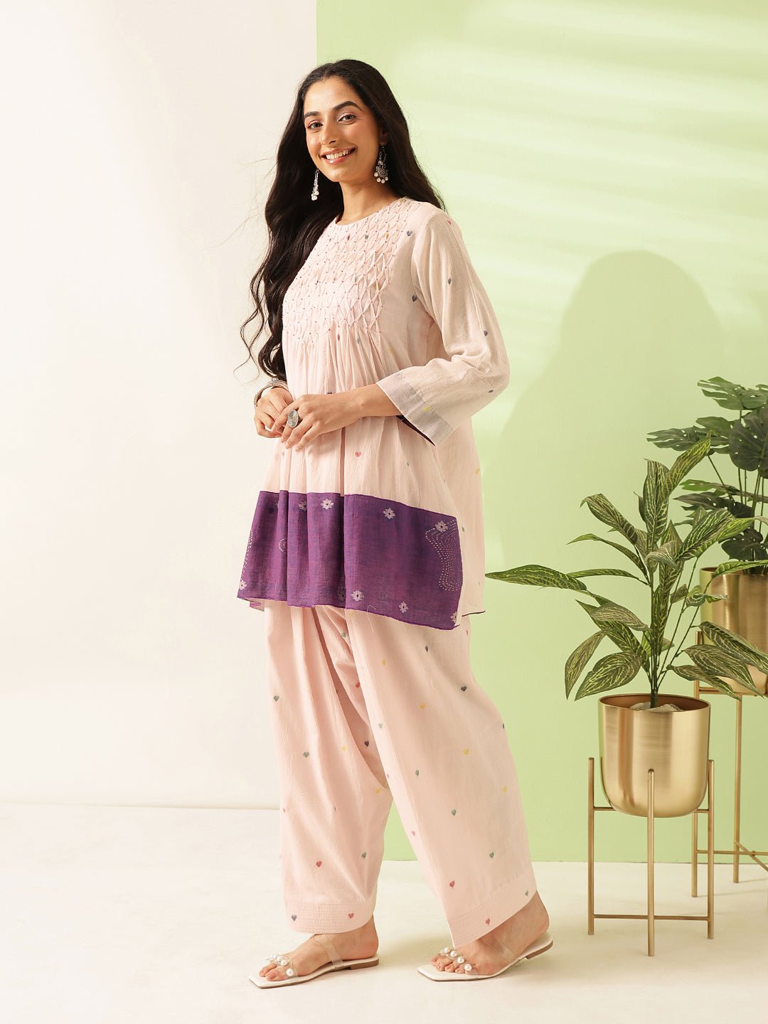 Jamdani Cotton Short Kurta Set - Pink - Charkha TalesJamdani Cotton Short Kurta Set - Pink