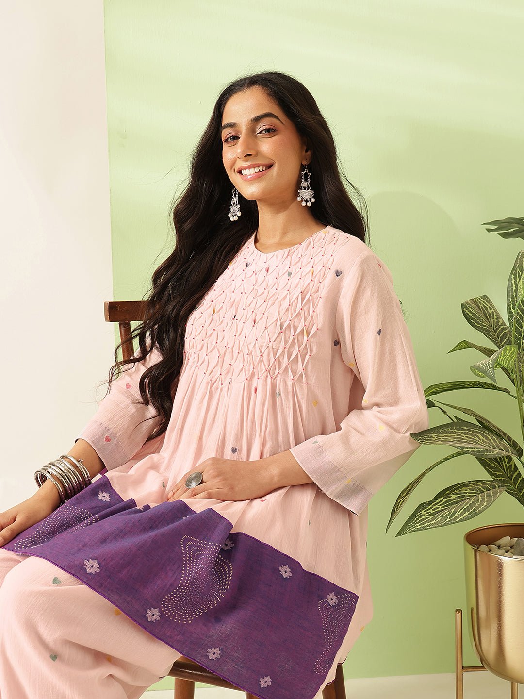 Jamdani Cotton Short Kurta Set - Pink - Charkha TalesJamdani Cotton Short Kurta Set - Pink