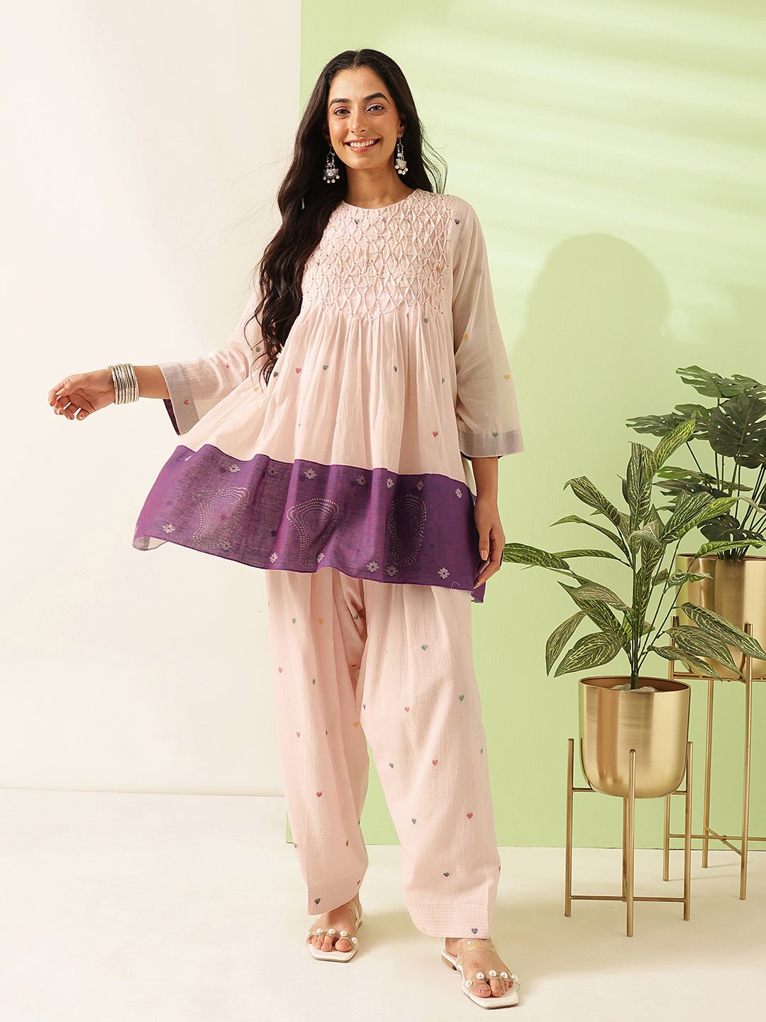 Jamdani Cotton Short Kurta Set - Pink - Charkha TalesJamdani Cotton Short Kurta Set - Pink