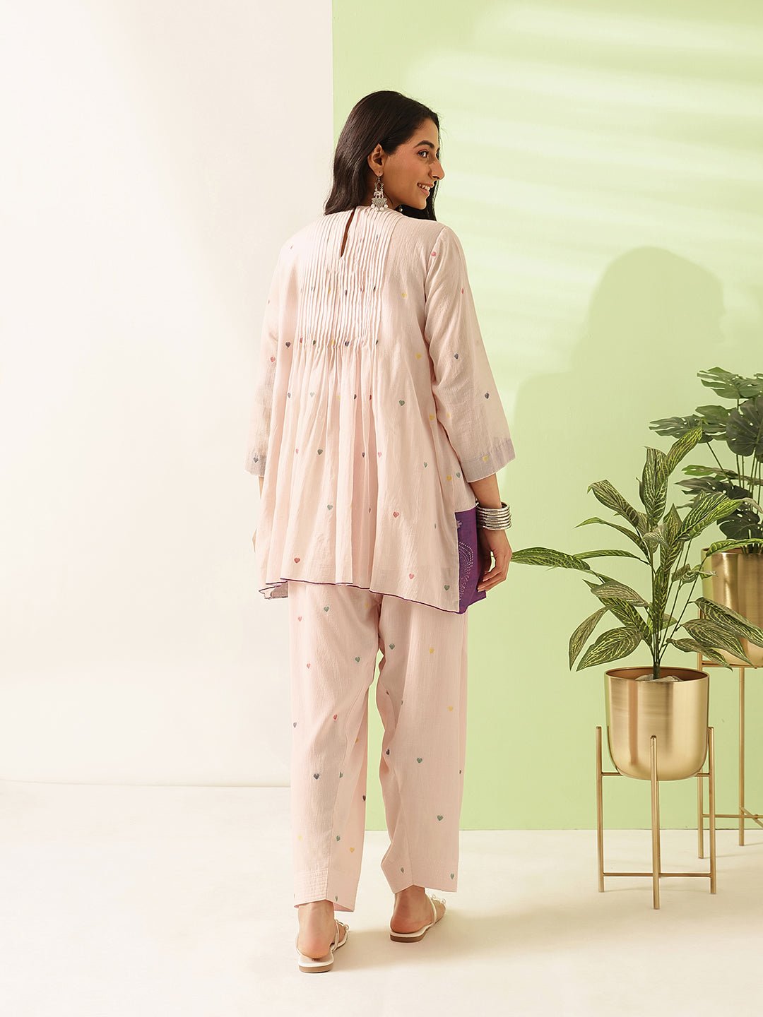 Jamdani Cotton Short Kurta Set - Pink - Charkha TalesJamdani Cotton Short Kurta Set - Pink