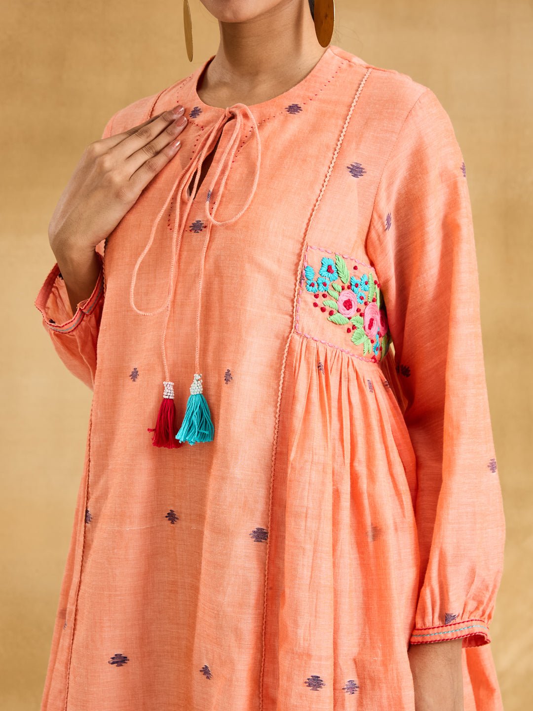 Jamdani Embroidered Dress - Peach - Charkha TalesJamdani Embroidered Dress - Peach