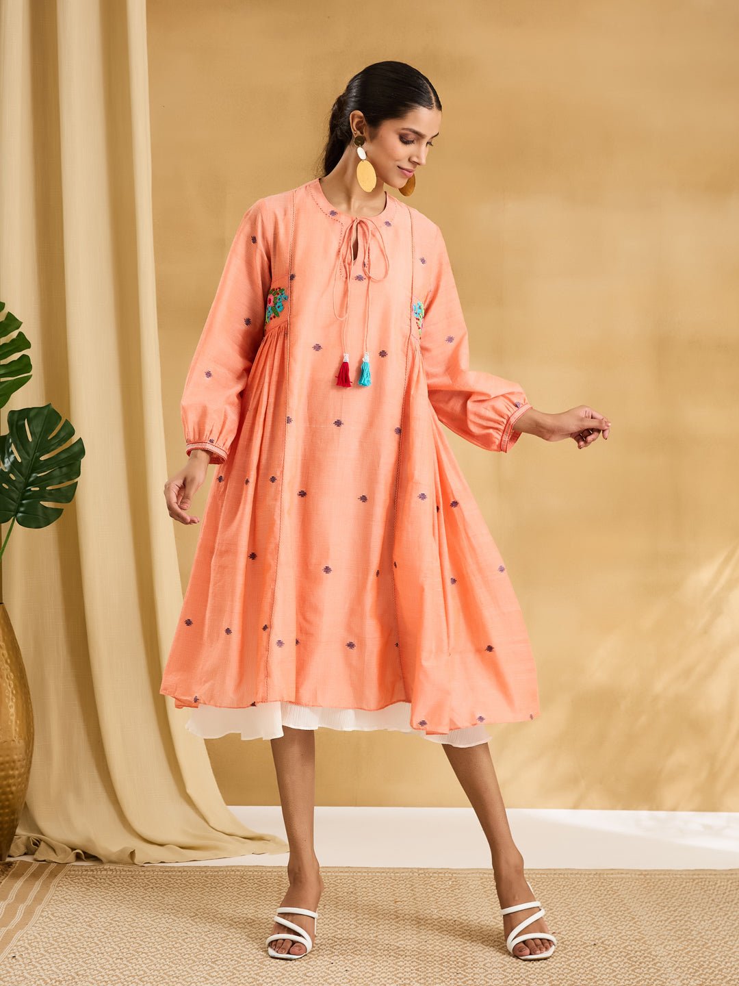 Jamdani Embroidered Dress - Peach - Charkha TalesJamdani Embroidered Dress - Peach