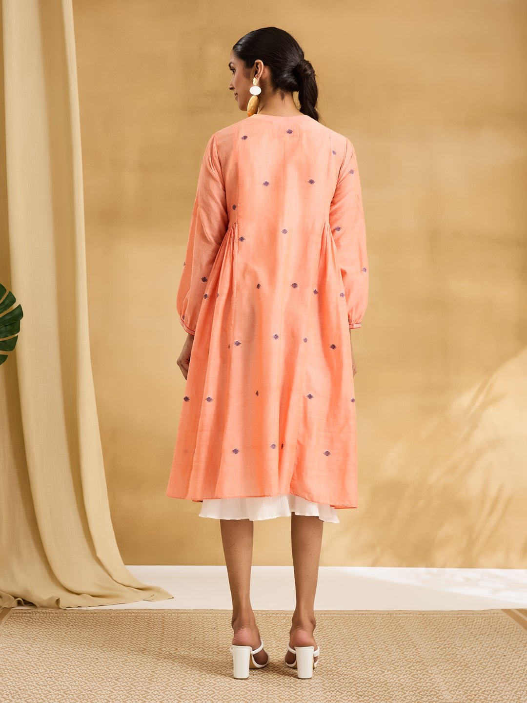 Jamdani Embroidered Dress - Peach - Charkha TalesJamdani Embroidered Dress - Peach