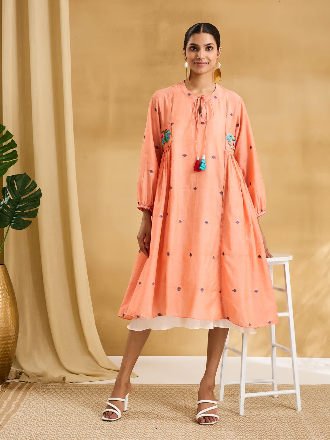 Jamdani Embroidered Dress - Peach - Charkha TalesJamdani Embroidered Dress - Peach