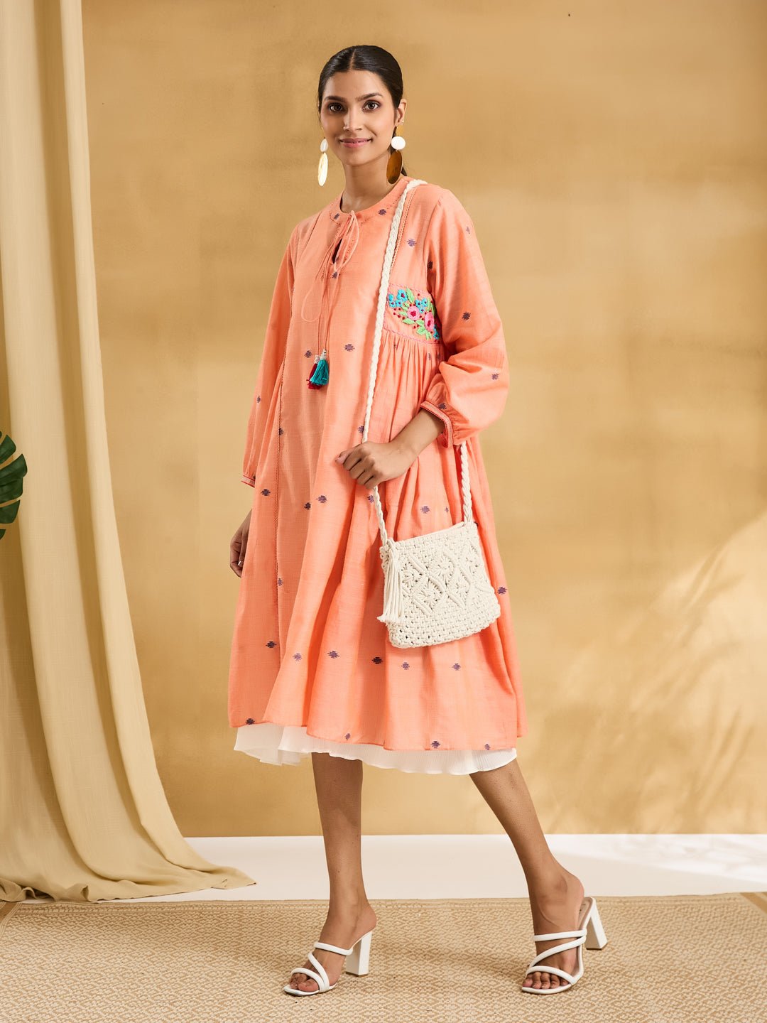 Jamdani Embroidered Dress - Peach - Charkha TalesJamdani Embroidered Dress - Peach