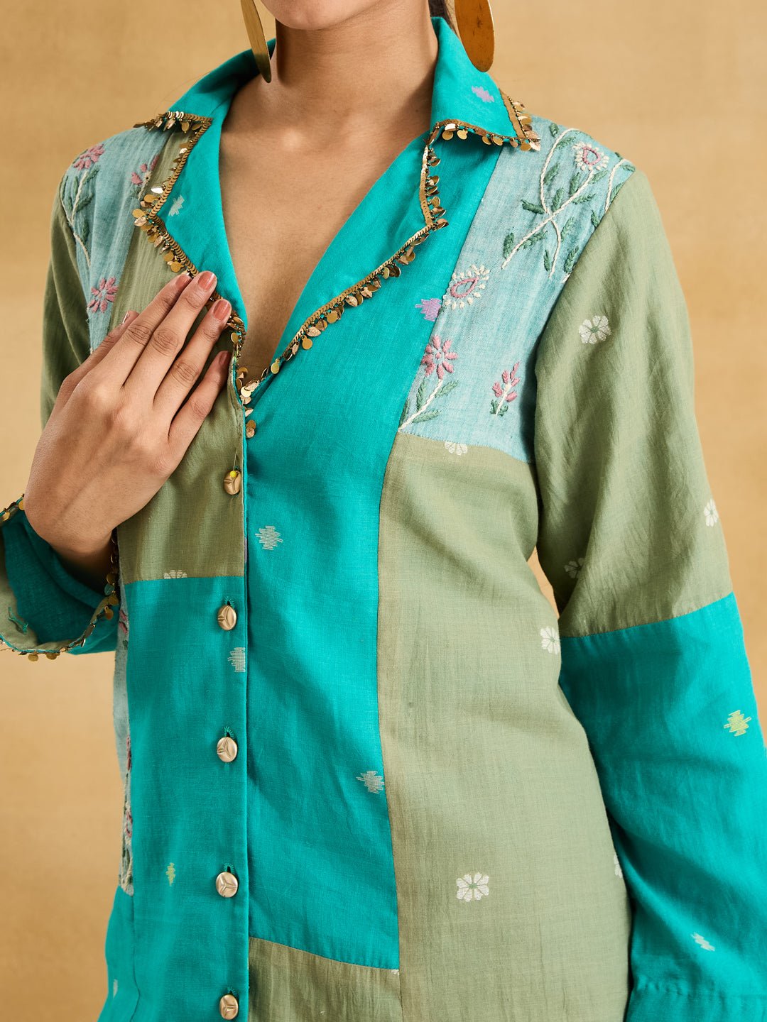 Jamdani Embroidered Patch Coat - Turquoise - Charkha TalesJamdani Embroidered Patch Coat - Turquoise