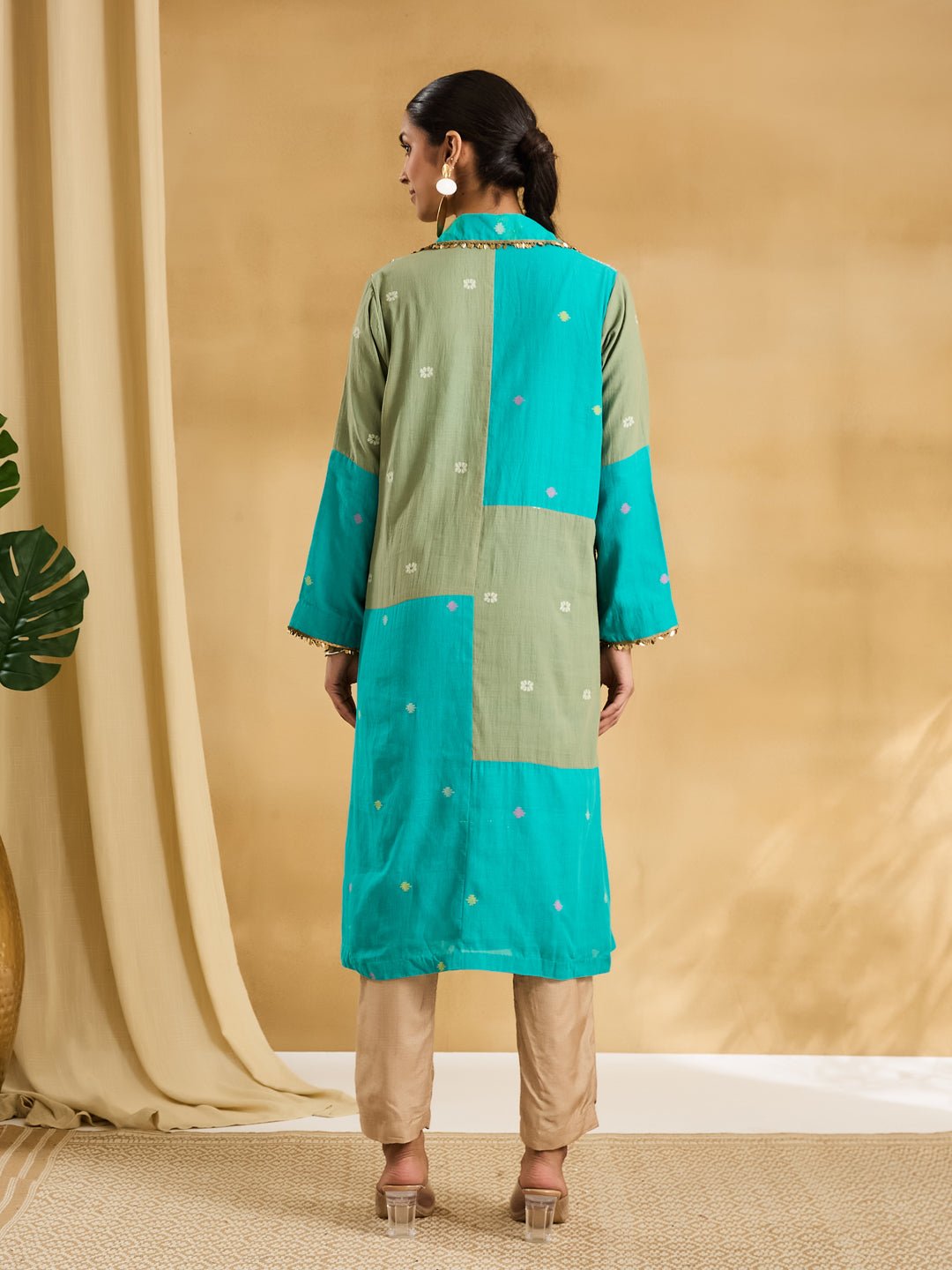 Jamdani Embroidered Patch Coat - Turquoise - Charkha TalesJamdani Embroidered Patch Coat - Turquoise