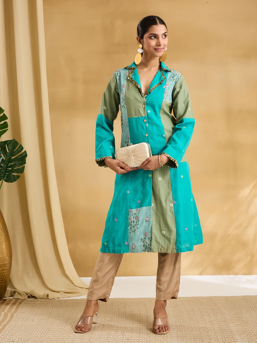 Jamdani Embroidered Patch Coat - Turquoise - Charkha TalesJamdani Embroidered Patch Coat - Turquoise